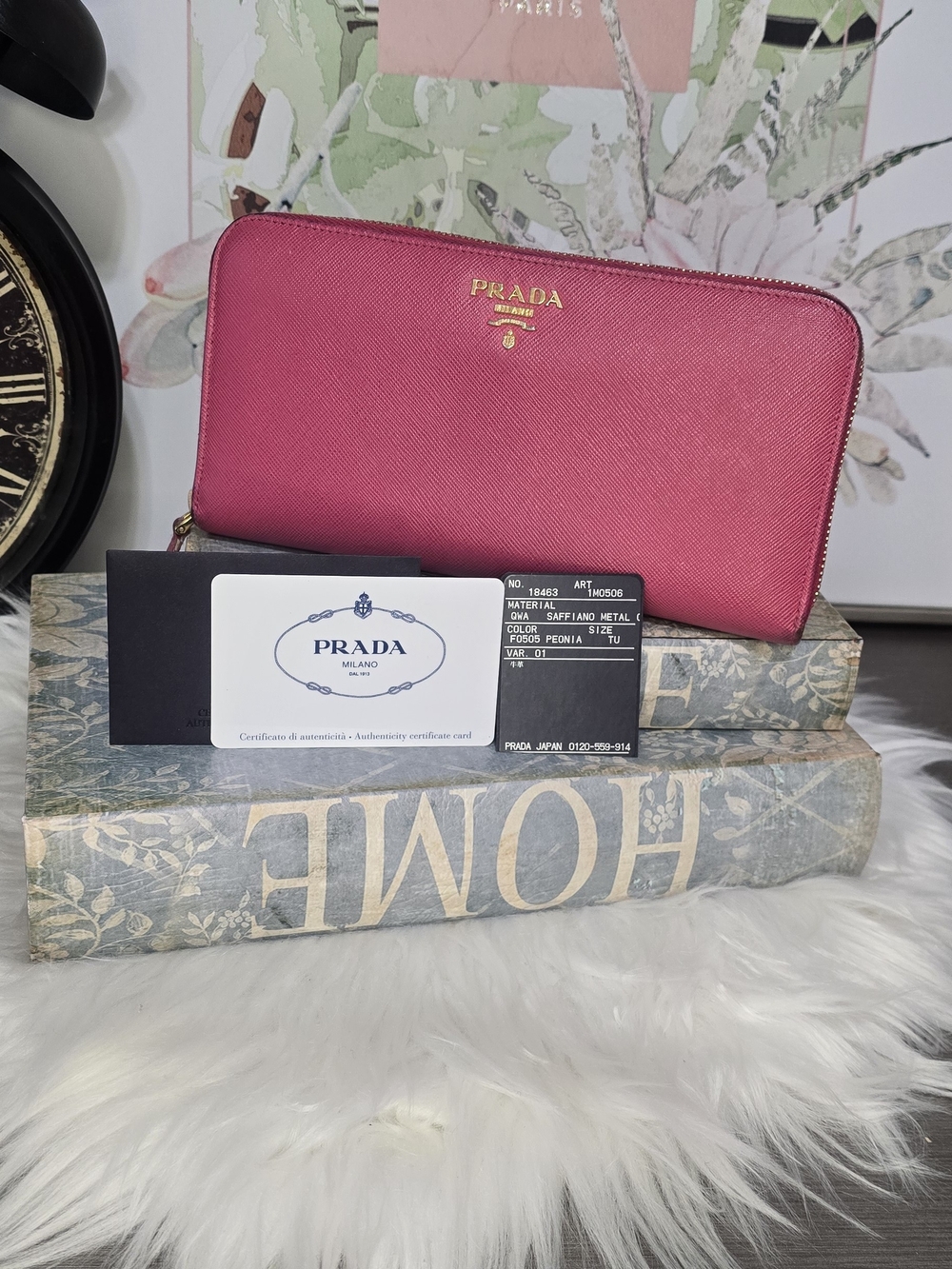 Rank B Prada Saffiano Zip-Around Long Card Wallet - Fuchsia Pink PEONIA